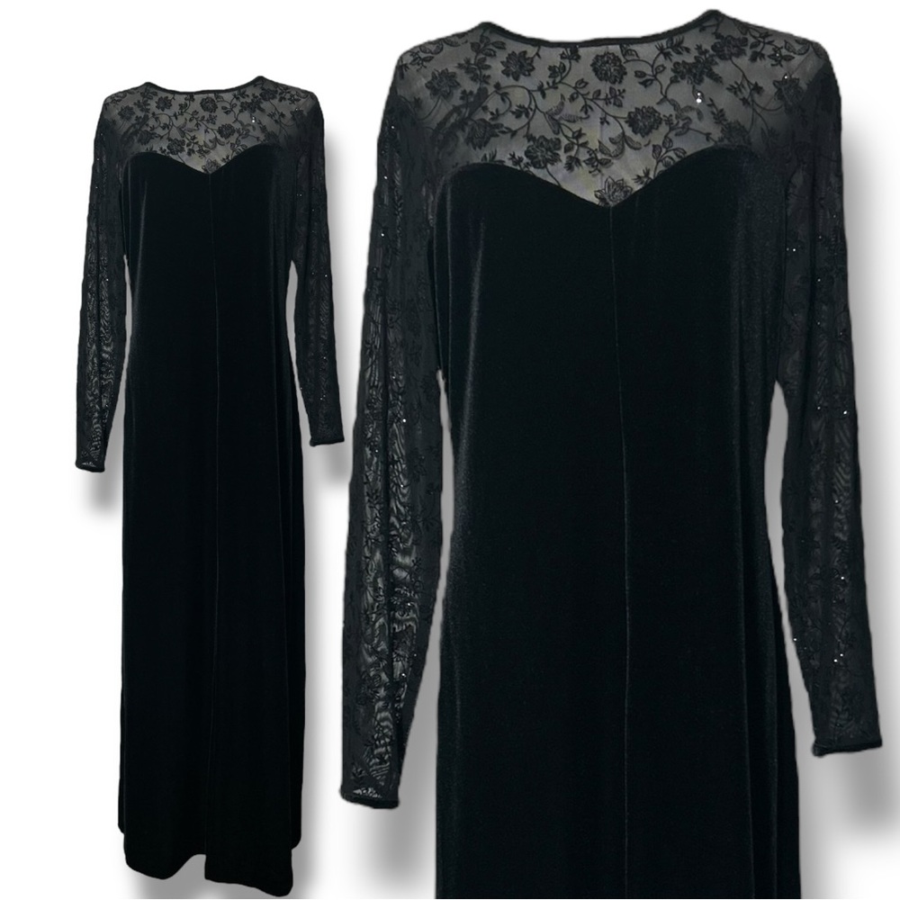 Vintage 90s Black burn out Velvet Maxi Dress GothGlam | gothic formal |291| sz8